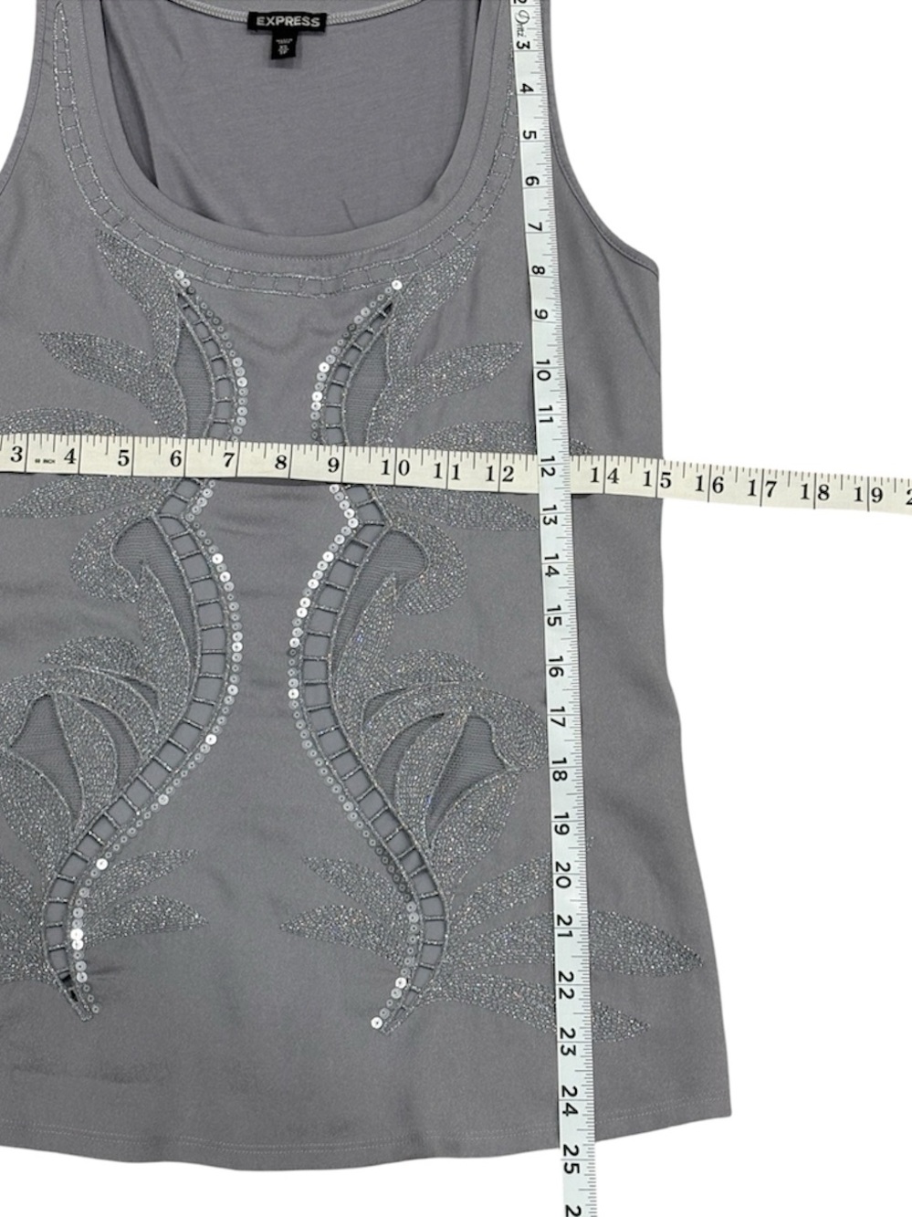 Express Women’s XS Gray Solid Woven Scoop Neck Sleeveless Sequin Beaded Tank - Picture 7 of 7